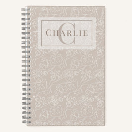 Beige Floral Line Art, Custom Monogram Pet Spiral Notitieboek