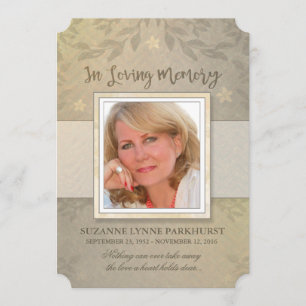 Beige Floral Photo Memorial Service Kaart