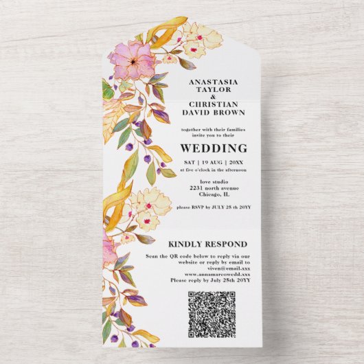 Beige Floral QR-code in één uitnodiging (Binnen)