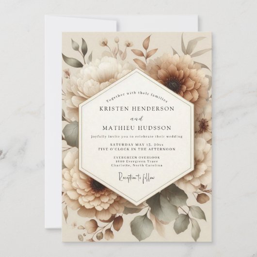 Beige Floral Romantic Wedding Kaart (Voorkant)
