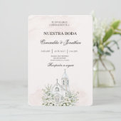 Beige Floral Spanish church Wedding Invitation Kaart (Staand voorkant)