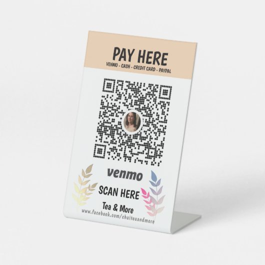 Beige Floral Voeg hier QR Code Venmo Betaal toe Reclamebord Met Voetstuk (Voorkant)