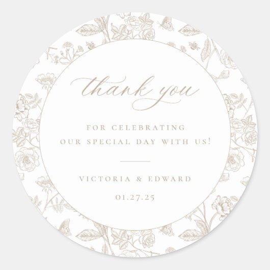  beige Floral Weddenschap Hartelijk dank Ronde Sticker (Voorkant)