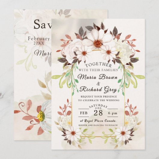 Beige Floral Wedding Invitation Kaart (Voorkant / Achterkant)
