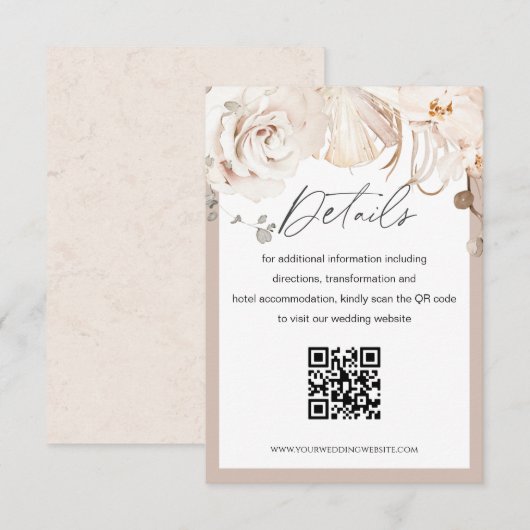 Beige florale tuin bruiloft QR-codetaart Informatiekaartje (Voorkant / Achterkant)