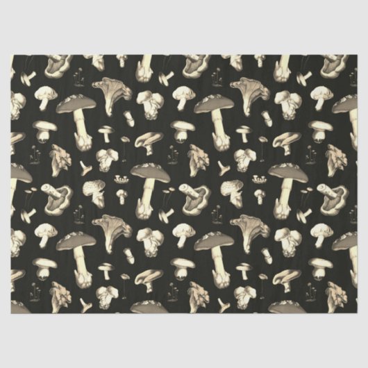 Beige Forest Mushroom Patroon op Donkerbruin Tissuepapier (Voorkant)