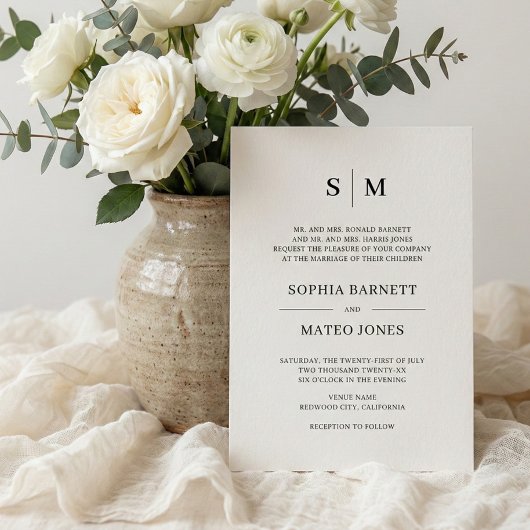 Beige formele traditionele monogram bruiloft kaart