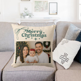 Beige foto groene strik handgetekende Kerstmis Kussen
