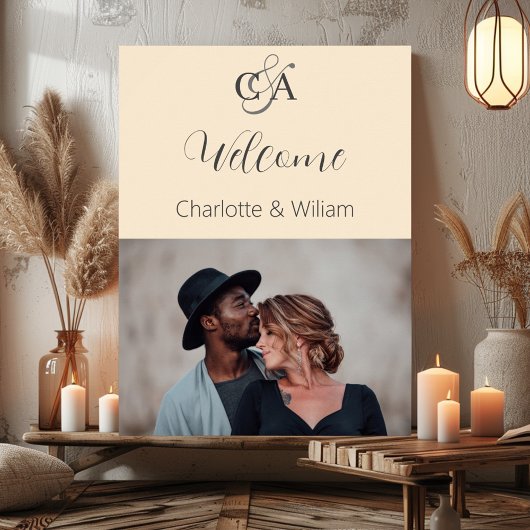 Beige foto monogram bruiloft welkom teken poster