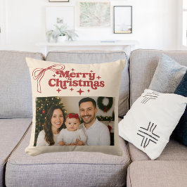 Beige foto rode strik handgetekende Kerstmis Kussen