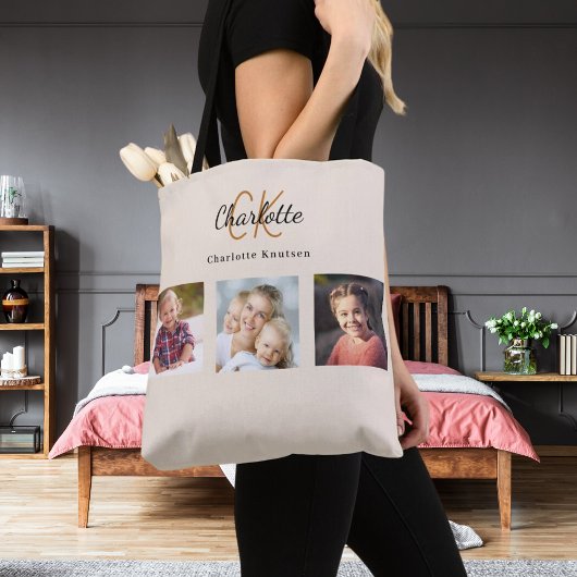 Beige fotocollage monogram tote bag