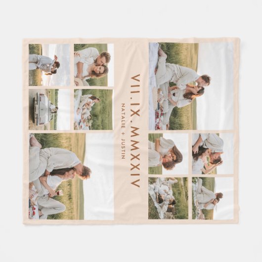 Beige Fotocollage Wedding Jubileum Datum Fleece Deken (Voorkant (Horizontaal))