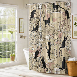 Beige French Cat Paris Cafe Shower Curtain Douchegordijn