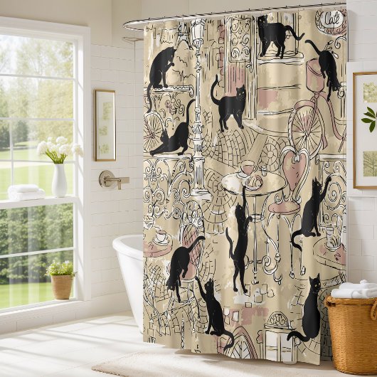 Beige French Cat Paris Cafe Shower Curtain Douchegordijn