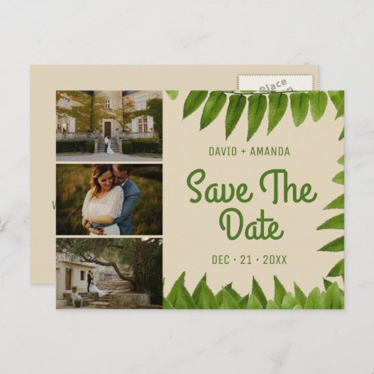 Beige gebladerte drie fotocollage Sla de datum op Aankondigingskaart (Voorkant / Achterkant)