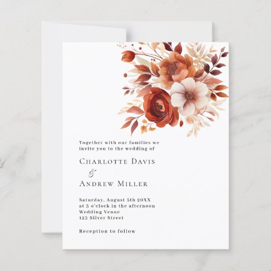 Beige gebrande oranje bloemen huwelijksuitnodiging (Voorkant)