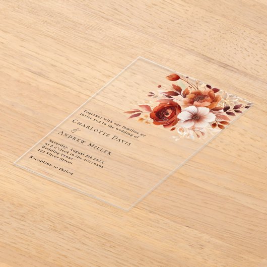 Beige gebrande sinaasappels bloemen duidelijke bru acryl uitnodigingen (Laagn)