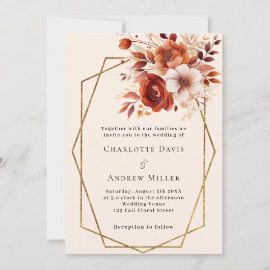 Beige gebrande sinaasappels bloemen geometrische b kaart (Voorkant)