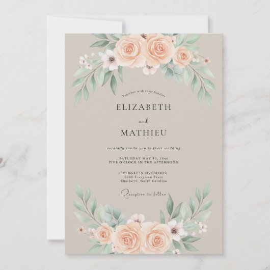 Beige Gedempte Botanische Bruiloft Kaart (Voorkant)