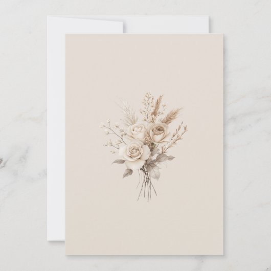 Beige gedroogde bloem en witte roos bruiloft detai kaart (Achterkant)