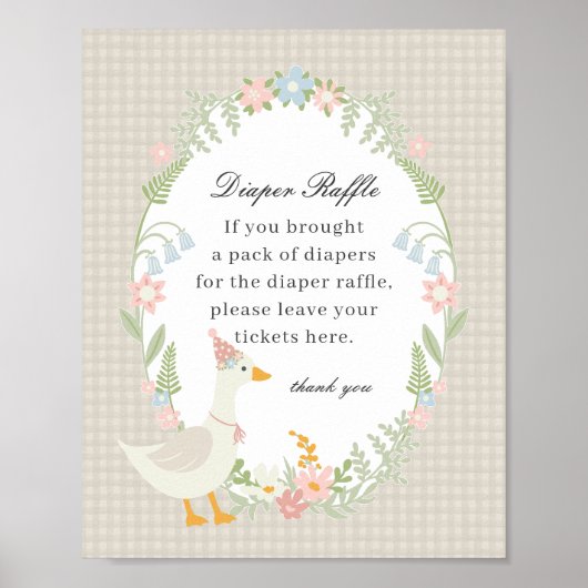 Beige Gekke Gans Bloemen Gingham Luier Raffle Sig Poster (Voorkant)