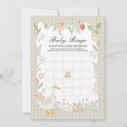 Beige Gekke Gans Floral Gingham Baby Bingo Game Kaart (Voorkant)
