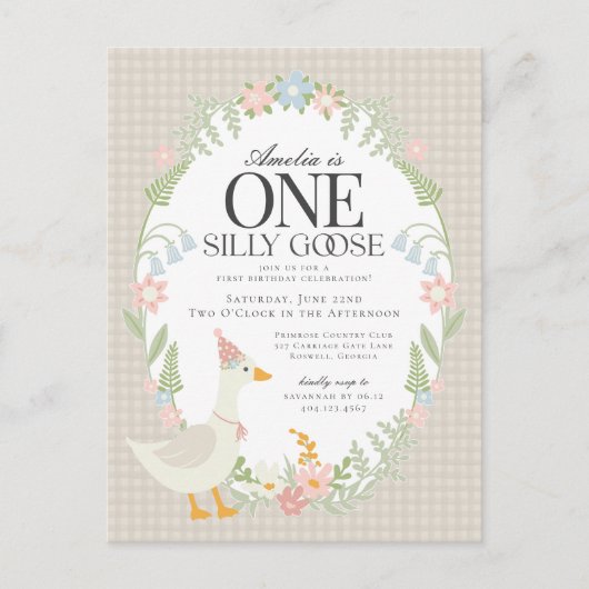 Beige Gekke Gans Floral Gingham eerste verjaardag Briefkaart (Voorkant)