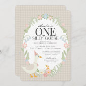 Beige Gekke Gans Floral Gingham eerste verjaardag Kaart (Voorkant / Achterkant)