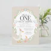 Beige Gekke Gans Floral Gingham eerste verjaardag Kaart (Staand voorkant)