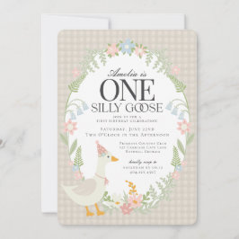 Beige Gekke Gans Floral Gingham eerste verjaardag Kaart