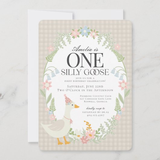Beige Gekke Gans Floral Gingham eerste verjaardag Kaart (Voorkant)