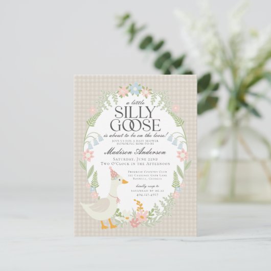 Beige Gekke Goose Floral Gingham Baby shower Briefkaart (Staand voorkant)