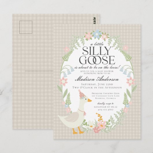 Beige Gekke Goose Floral Gingham Baby shower Briefkaart (Voorkant / Achterkant)