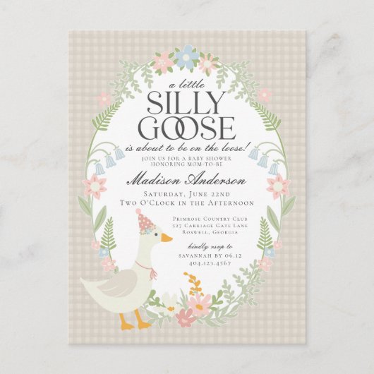 Beige Gekke Goose Floral Gingham Baby shower Briefkaart (Voorkant)