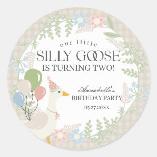 Beige Gekke Goose Floral Gingham Baby shower Favor Ronde Sticker