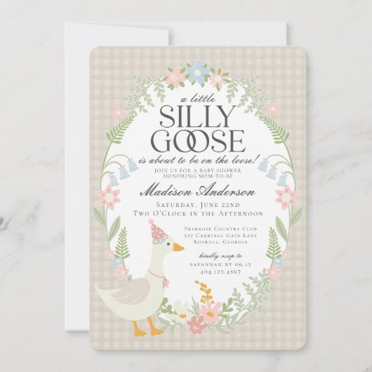 Beige Gekke Goose Floral Gingham Baby shower Kaart (Voorkant)