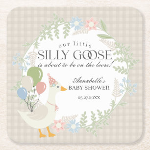 Beige Gekke Goose Floral Gingham Baby shower Kartonnen Onderzetters