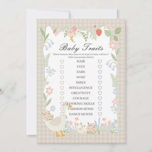 Beige Gekke Goose Floral Gingham Baby Traits Game Kaart (Voorkant)