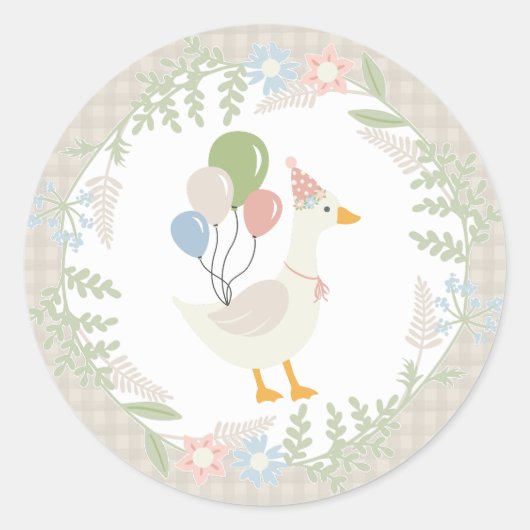 Beige Gekke Goose Floral Gingham Favors Ronde Sticker (Voorkant)