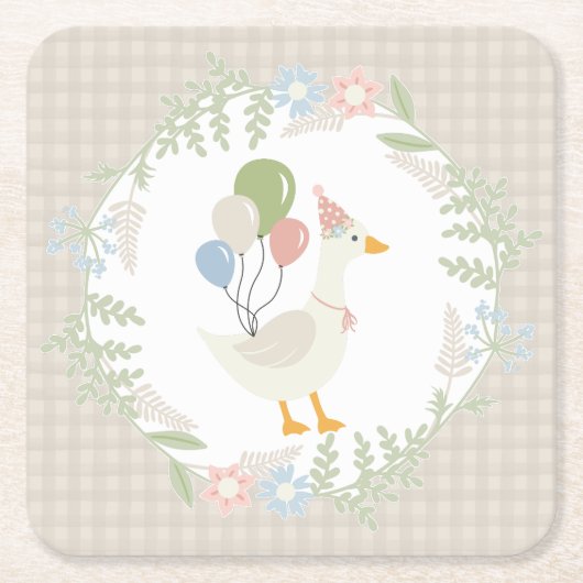 Beige Gekke Goose Floral Gingham Papier Kartonnen Onderzetters (Voorkant)