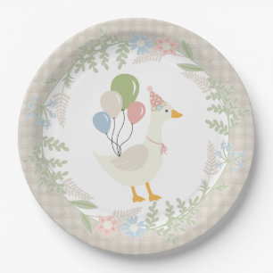Beige Gekke Goose Floral Gingham Party Papieren Bordje