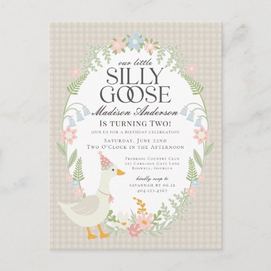 Beige Gekke Goose Floral Gingham Verjaardagsfeest Briefkaart (Voorkant)