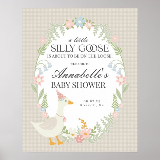 Beige Gekke Goose Gingham Baby shower Welkomstbord Poster (Voorkant)