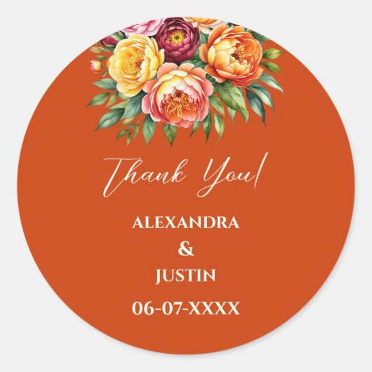 Beige Gele Bloemen Italiaanse Boog Huwelijk Dank u Ronde Sticker (Voorkant)