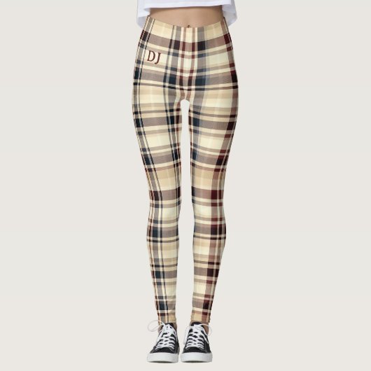 Beige geruite klassieke geruite patroon chique leggings (Voorkant)