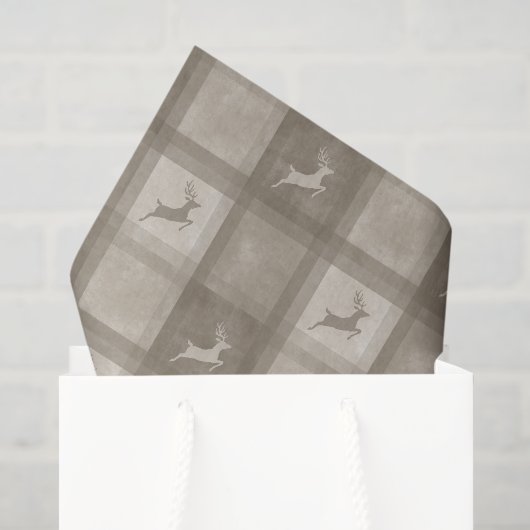 Beige Geruite Tartan Met Rendier Kerst Tissuepapier (Cadeauzakje)