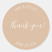 Beige gestileerde bruiloft dank u ronde sticker (Voorkant)