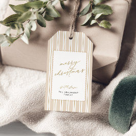 Beige gestreepte en geschulpte kerstcadeaukaartjes cadeaulabel