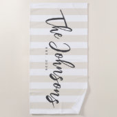 Beige Gestreepte Strandlaken, Pas getrouwd Gift Strandlaken (Voorkant)