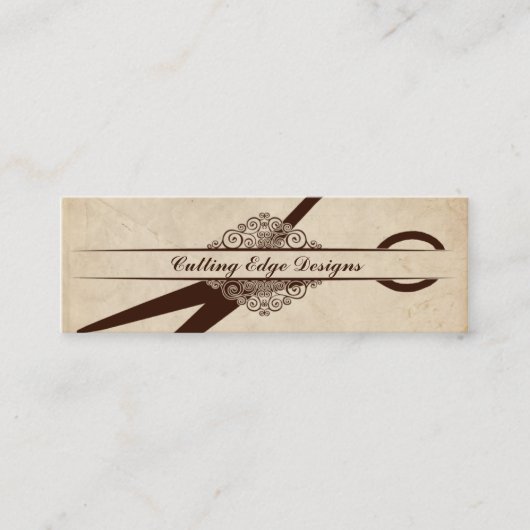 beige getextureerde schaar voor papier, haarschaar mini visitekaartje (Voorkant)